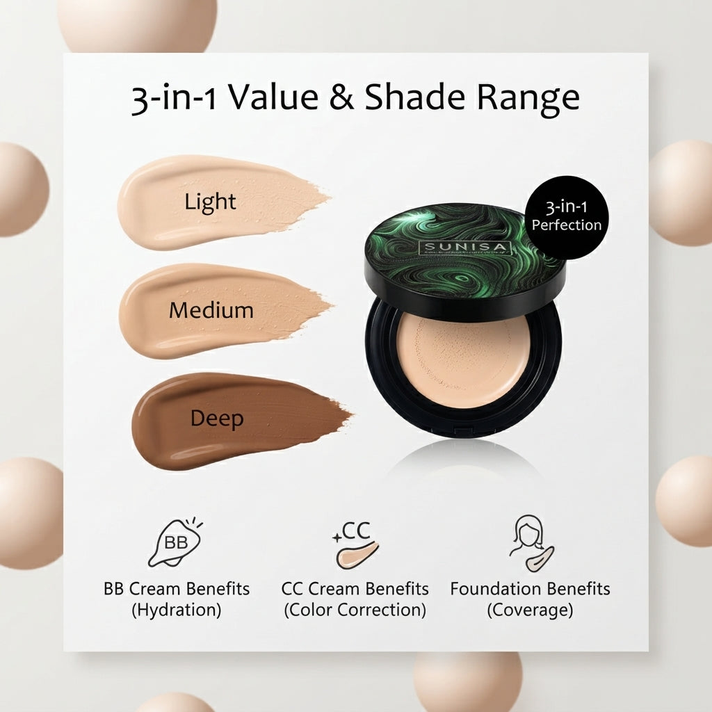 Sunisa 3-in-1 Air Cushion BB & CC Cream Foundation - For Females