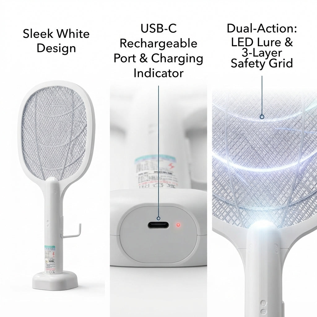 Rechargeable Mosquito Killer Racket with Base & LED Light | Electric Bug Zapper
